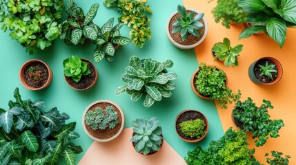 Aesthetic arrangement of potted houseplants on a colorful background, top-down botanical composition