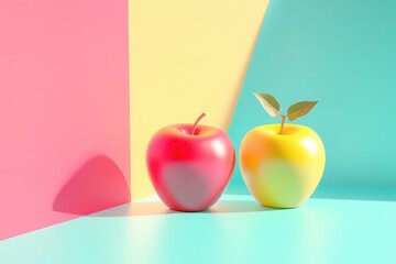 Obraz premium Two Apples on bright backgrounds. Geometry Minimal style