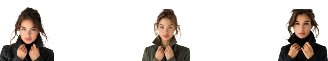 business woman wearing long coat fixing her collar on transparent background collection set