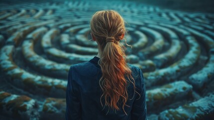 Businesswoman standing in middle of a maze looking for the right way out , problems and solutions concept.