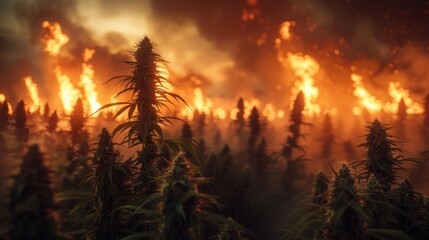 Cannabis plants in the foreground with intense flames rising in the background, depicting a dramatic and fiery landscape with stark contrast between nature and destruction.