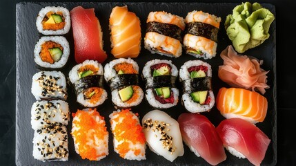 Top view of assorted sushi rolls, including maki and nigiri, neatly arranged on a dark slate plate with wasabi and pickled ginger, leaving copy space on a minimalist background.