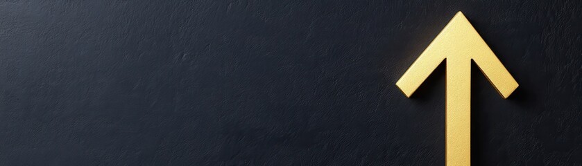 Fototapeta premium A sleek black background features a bold gold upward arrow, symbolizing growth, progress, and direction.