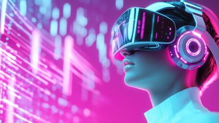 A futuristic 3D rendered human wearing a high tech neural headset, eyes closed, immersed in music, abstract sound waves surrounding, neon glow, ultra detailed