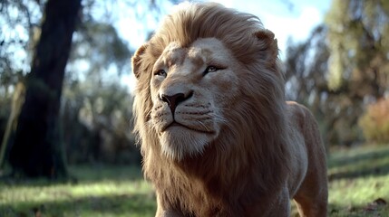 Naklejka premium A majestic lion with flowing mane in a sunlit forest