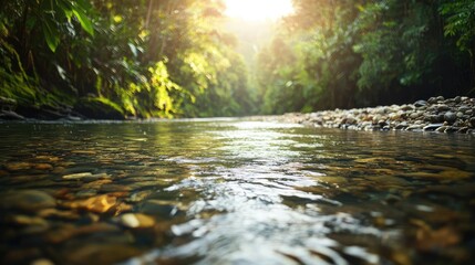 Earth day environmental concept. A tranquil river flows through lush greenery, capturing the essence of nature's beauty.