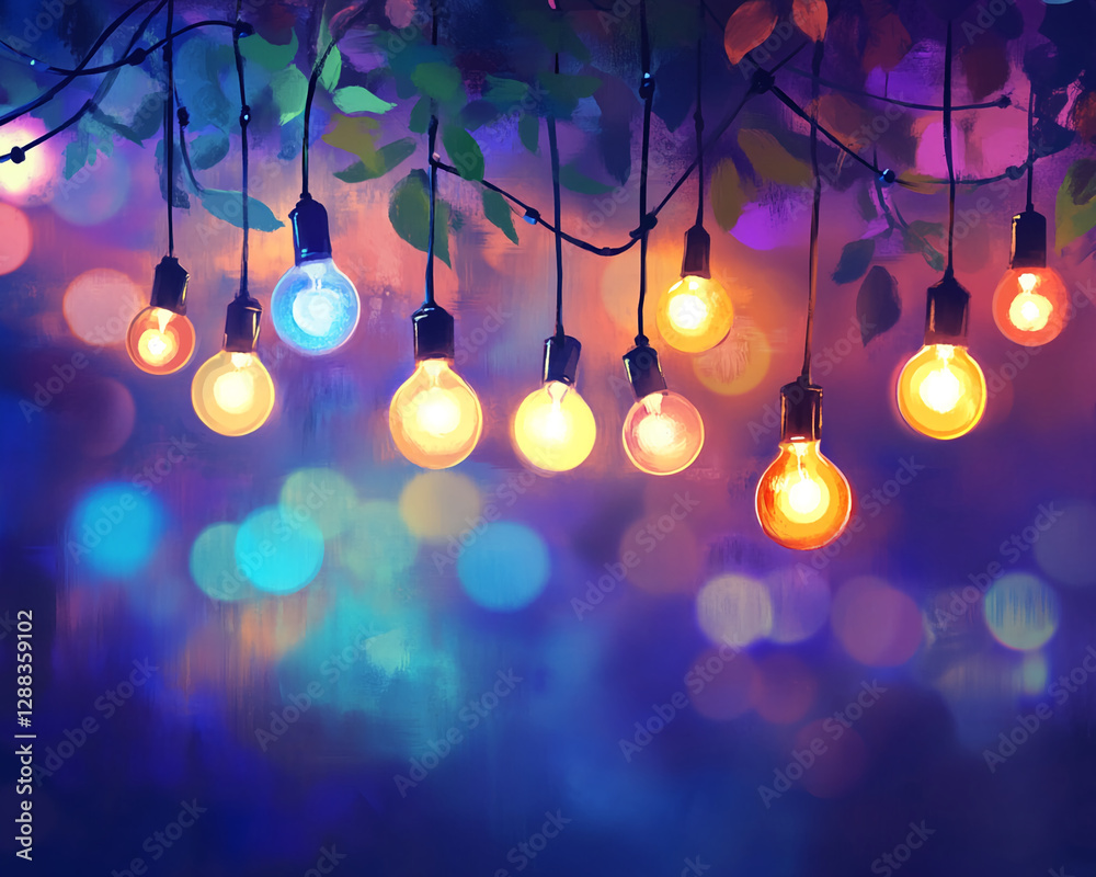 Poster colorful glowing light bulbs hanging on a string with a blurred bokeh background, symbolizing warmth