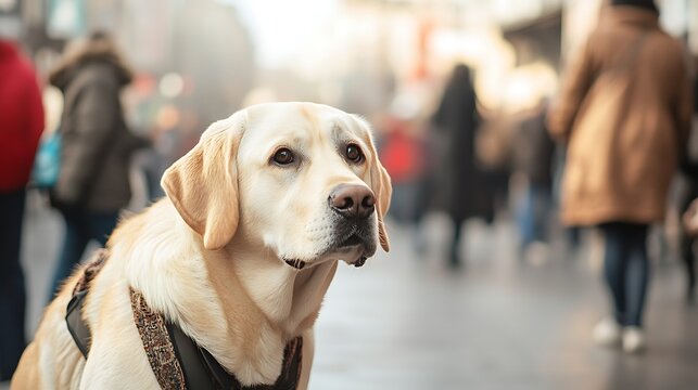 Guide Dog Labrador Sitting on a City Street / 街の通りに座るガイド犬のラブラドール
