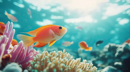 Naklejka premium Earth day environmental concept. Vibrant goldfish swimming in a colorful coral reef under sunlight.