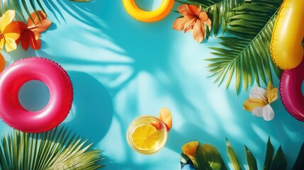 Top view of a pool party scene with a collection of colorful inflatable rings, beach towels, and poolside drinks, leaving space for branding.