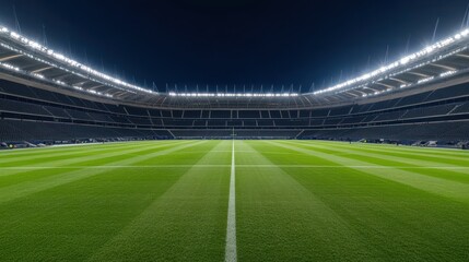 A well-lit football stadium at night, showcasing a lush green pitch and vibrant lighting, ready for an exciting match.