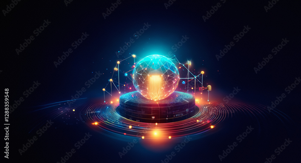 Leinwandbilder Glowing sphere on a platform emits bright light, surrounded by abstract network and glowing particles against a dark background.