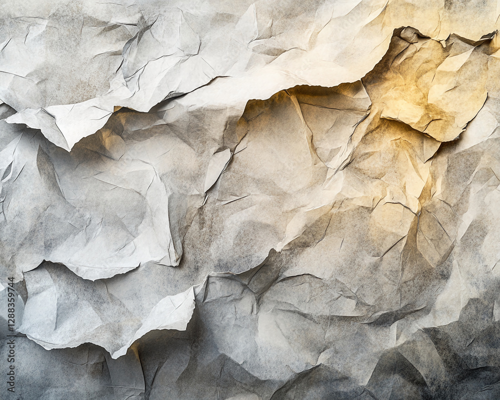 Poster Close-up view of crumpled paper with textured folds, showcasing a wrinkled and aged surface that symbolizes distress, vintage texture, and creative backgrounds.