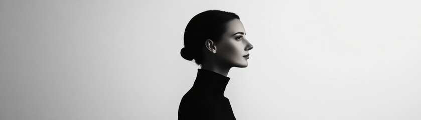 A profile view of a woman in a turtleneck, showcased against a minimalist background, highlighting elegance and simplicity.