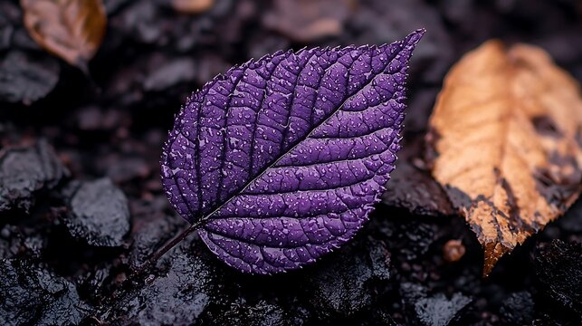 Purple leaf on dark soil, detailed close up, autumnal colors