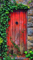 A vibrant red door encapsulated by lush greenery brings a sense of mystery and charm to any setting. Nature envelops this rustic entryway. Generative AI