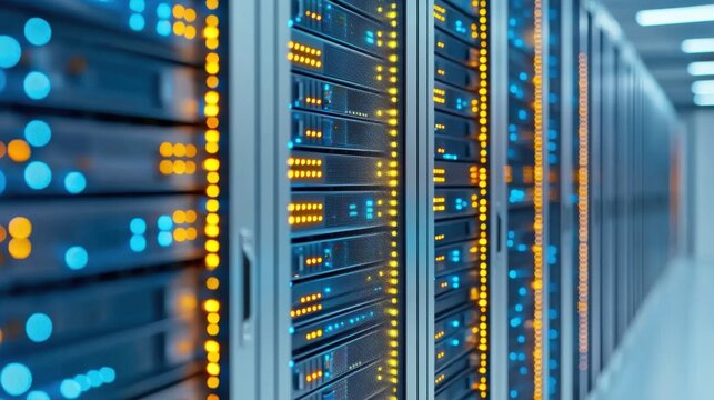 Close up of a server rack with blinking LED lights, powerful data processing, cyber security and cloud computing theme