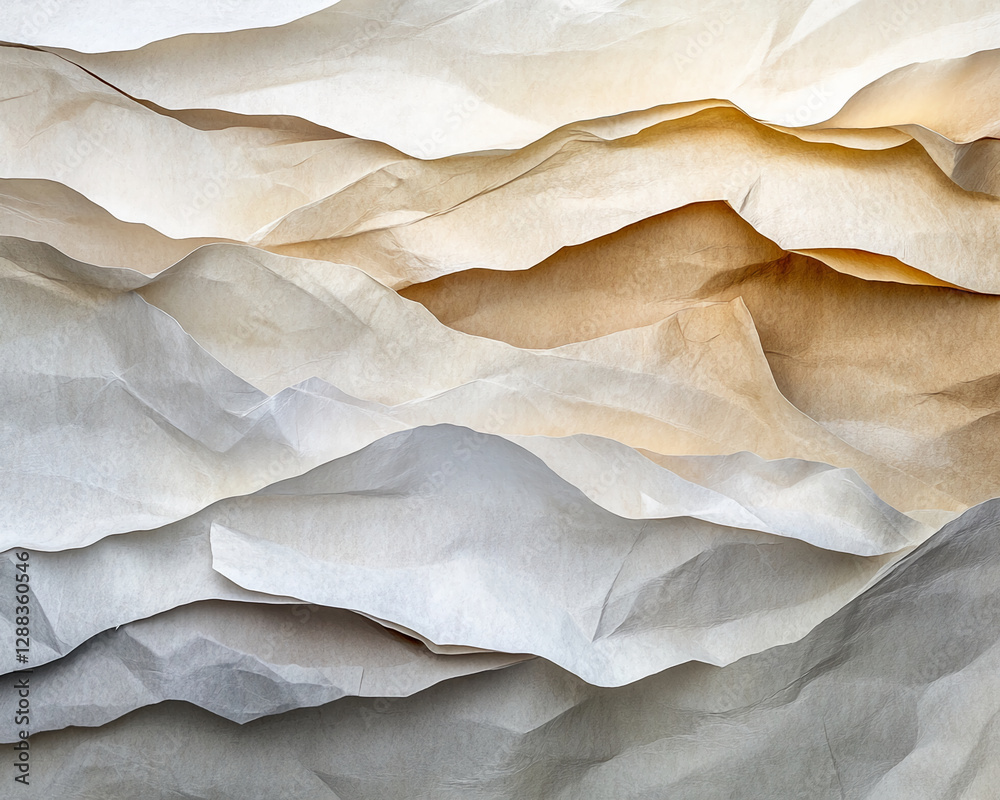 Poster Close-up of crumpled paper layers in various shades of beige and brown, creating a natural texture that symbolizes depth, contrast, and organic forms often used in abstract art and design.