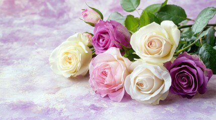 Obraz premium A perfectly arranged bouquet of fresh deep pink and white roses placed on a soft lilac surface