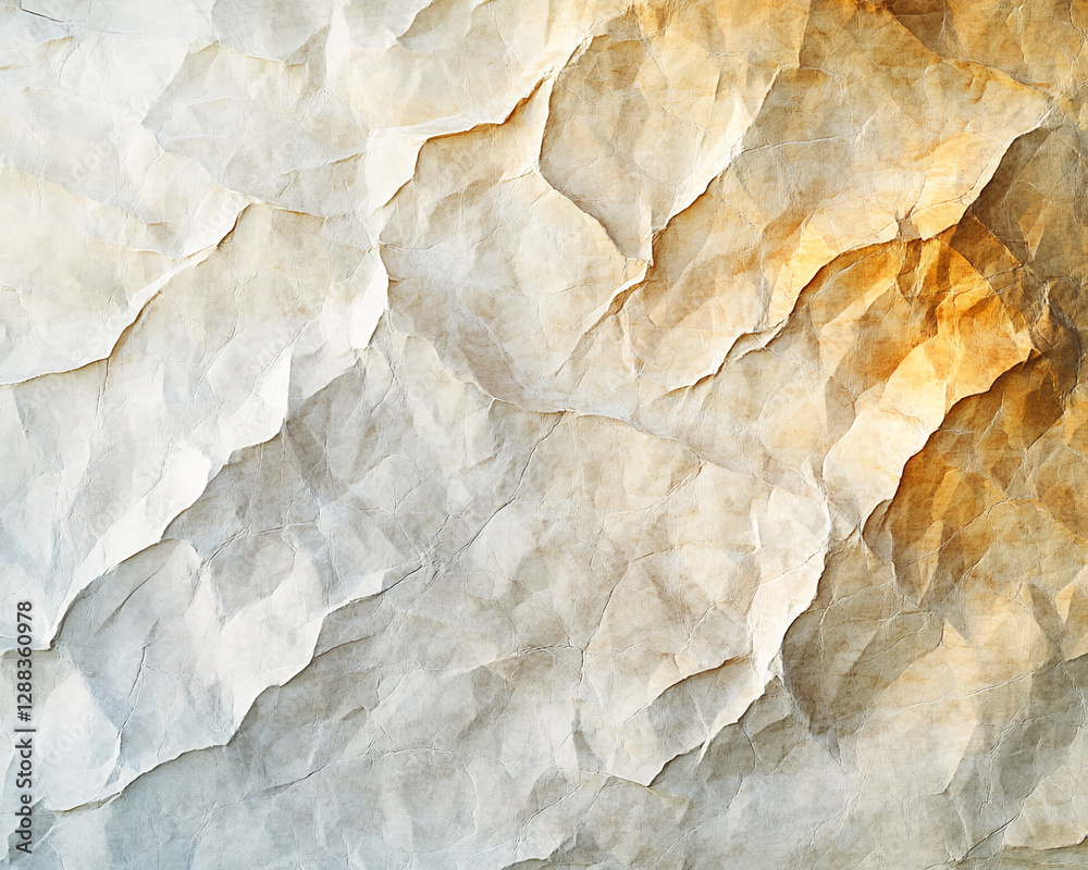 Poster Close-up of wrinkled and crumpled paper in soft beige tones, creating a textured abstract design. Symbolizing depth, organic texture, and natural form for use in creative design.