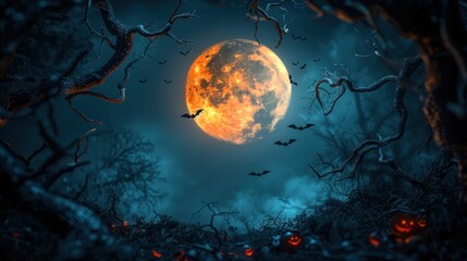 Silhouettes of bats flying across a glowing full moon, framed by twisted branches, creating a dark and spooky night-time atmosphere.