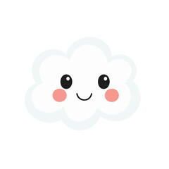 Smiling Cartoon Cloud with Pink Cheeks and Black Eyes Isolated on White Background