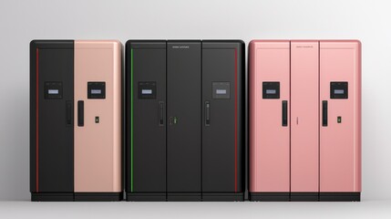 Three stylish refrigerators in black, pink, and beige, showcasing modern design and sleek lines against a minimalistic background.
