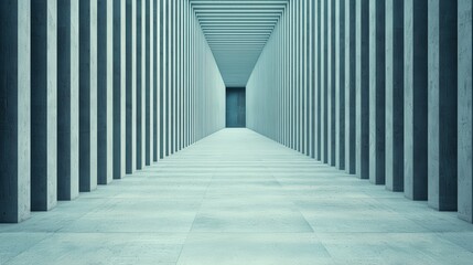 Fototapeta premium A symmetrical corridor with tall, concrete columns leading to a distant doorway, creating a sense of depth and architectural intrigue.
