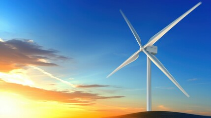A serene wind turbine stands against a vibrant sunset sky, symbolizing renewable energy and sustainability.