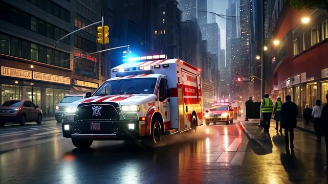 An ambulance speeds through city streets at night, responding to an emergency in a bustling urban environment with bright lights and reflecting rain