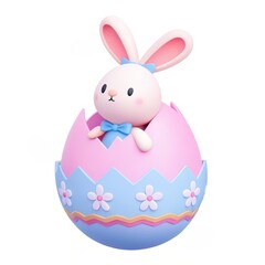 Fototapeta premium Easter and Circus theme, Cute bunny emerging from a pastel-colored Easter egg with floral designs.