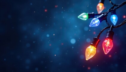 Twinkling multi-colored Christmas lights against a deep blue backdrop , background, christmas, season