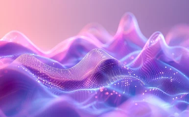 Wandcirkels plexiglas A futuristic neuro sound abstract landscape with fluid, undulating waves in soft pink and purple hues, enhanced by glowing digital particles and light effects © Ilnara