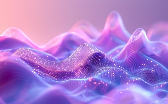 A futuristic neuro sound abstract landscape with fluid, undulating waves in soft pink and purple hues, enhanced by glowing digital particles and light effects