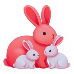 Obraz premium Easter theme for kid, Colorful cartoon rabbits, one large and two small, in a playful pose.
