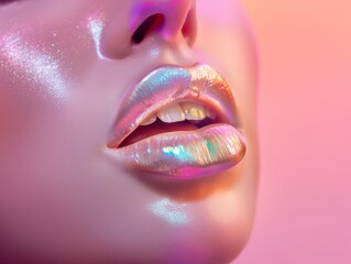 Close-up of glossy, iridescent lips with shimmering metallic makeup, reflecting soft pastel neon lighting in a futuristic beauty concept
