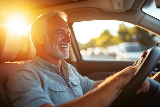 Smiling Senior Man Driving a Car During Sunset in an Urban Setting, Capturing the Joy of Freedom and Adventure on the Open Road