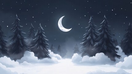 Naklejka premium A painting of a snowy forest with trees and a path. 