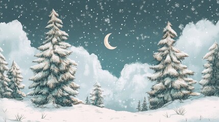 A painting of a snowy forest with trees and a path.

