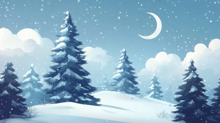 Fototapeta premium A painting of a snowy forest with trees and a path. 