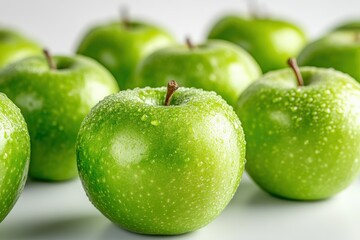 Juicy green apples with water droplets, closeup shot. Perfect for healthy eating, fresh produce, or wellness concepts.