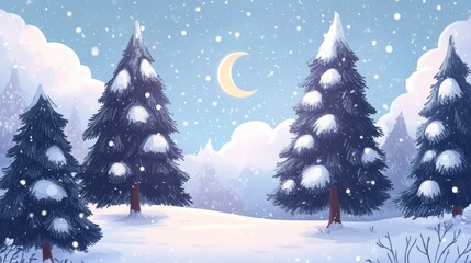 A painting of a snowy forest with trees and a path.
