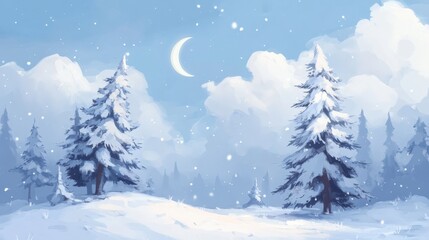 Obraz premium A painting of a snowy forest with trees and a path. 