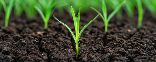 Earth day environmental concept. Fresh green sprouts emerging from rich brown soil under bright sunshine.