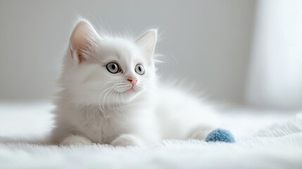 Adorable white kitten joyfully playing with a toy, energetic and curious pet, isolated on a white background, fluffy feline in action, playful moment captured in a studio setting.Copy space. mock up.