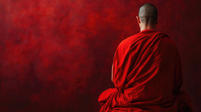 A serene portrait of a Tibetan monk, draped in deep red and saffron robes