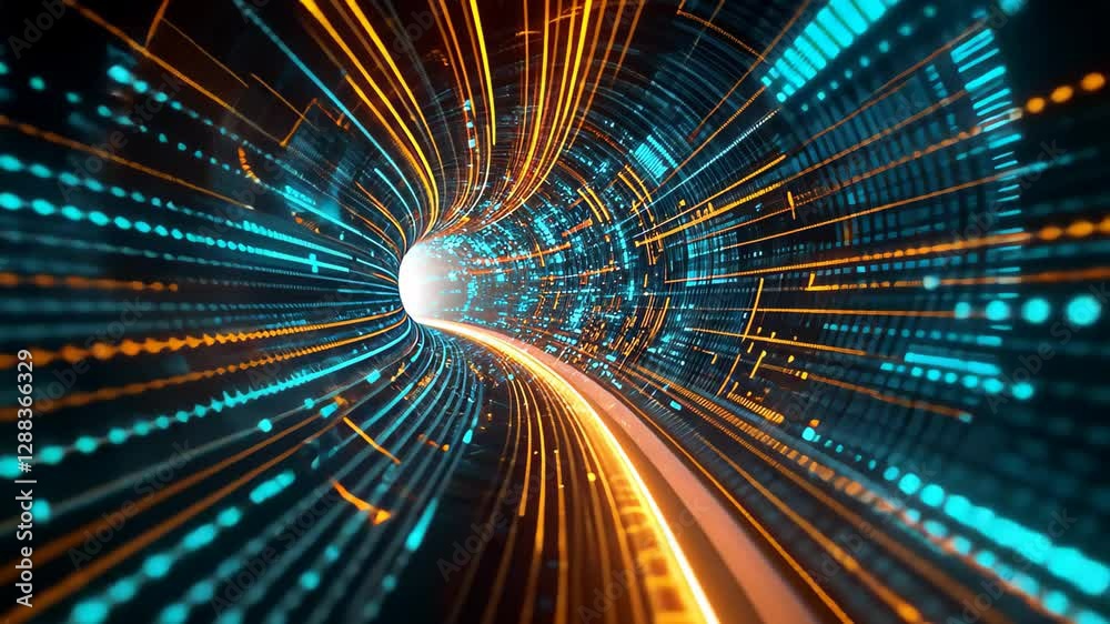 Poster data streams flow dynamically through a vibrant virtual realm, creating an immersive tunnel of light