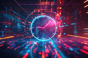 Futuristic digital clock surrounded by neon lights and speed of data patterns, symbolizing essence of time in a high-tech environment.