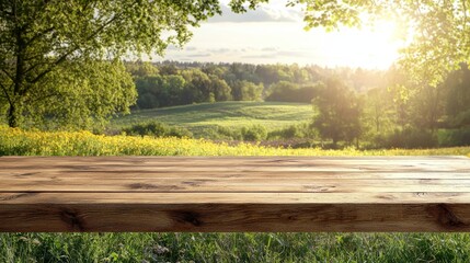 Fototapeta premium Wooden Tabletop with Blurred Green Fields Background, Nature, Rustic, Summer , outdoor, table