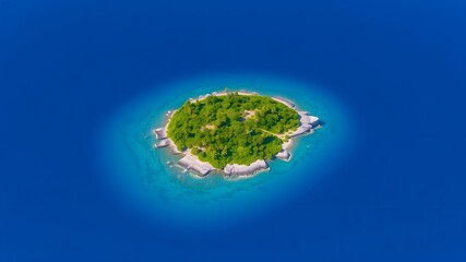 Fototapeta premium Remote Island Surrounded by Calm Blue Waters, with Lush Greenery and Rocky Shores
